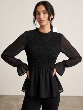 mi ami Smocked Ruffled Neck Long-Sleeve Blouse - Black